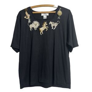 VTG Lisa International Embellished Animal Top Horse Ostrich Zebra Lion Seal Tee